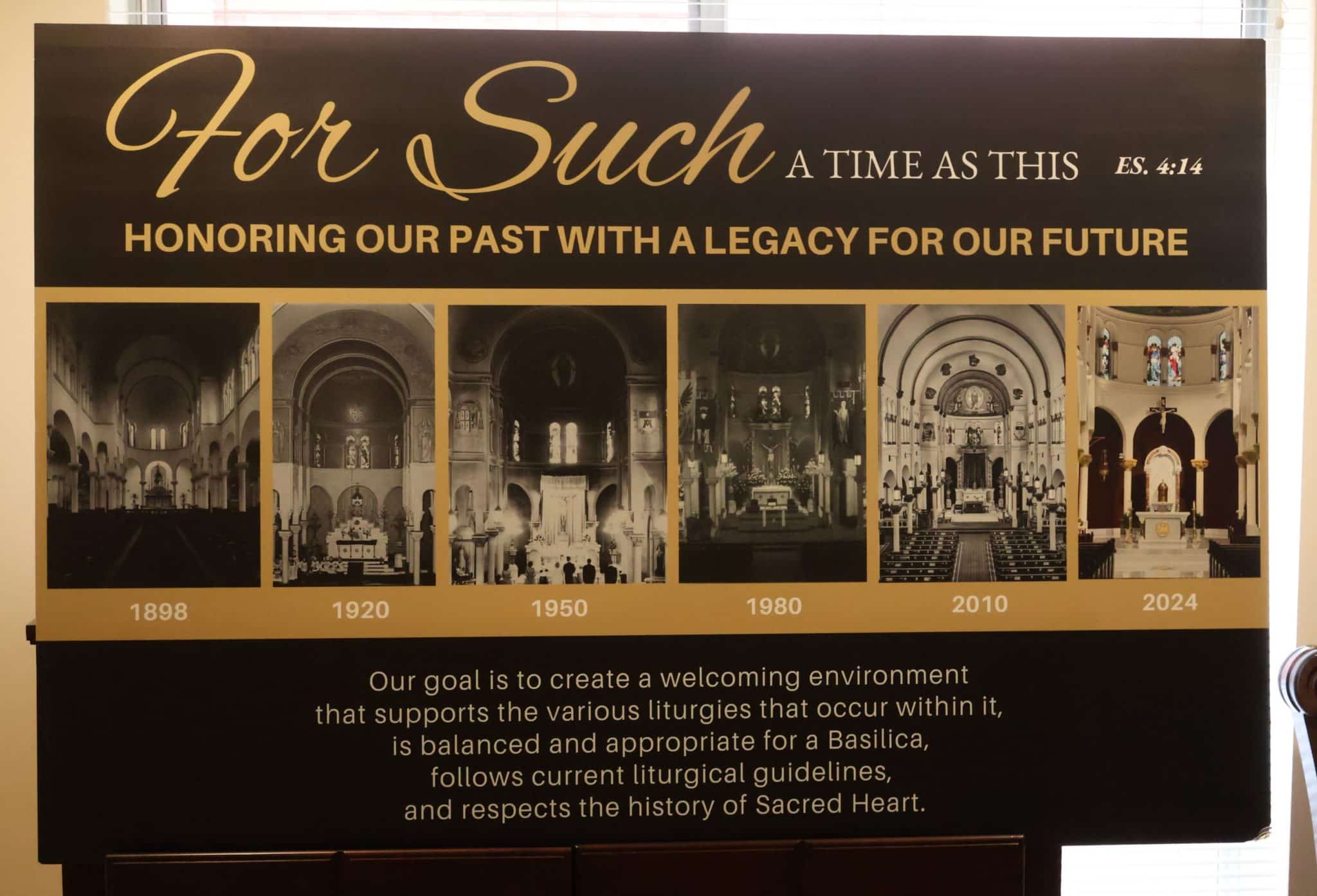 A poster showing the front of a church in 1898, 1920, 1950, 1980, 2010, and 2024